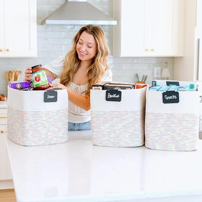 NaturalCozy 13x15x13 Kallax Storage Cubes Bins, 3 Pack | Cotton Rope Cube Storage Bin Woven Baskets for Organizing | Kallax Insert Storage Baskets for Shelves Organizer, Kids Toy, Closet Baby Nursery