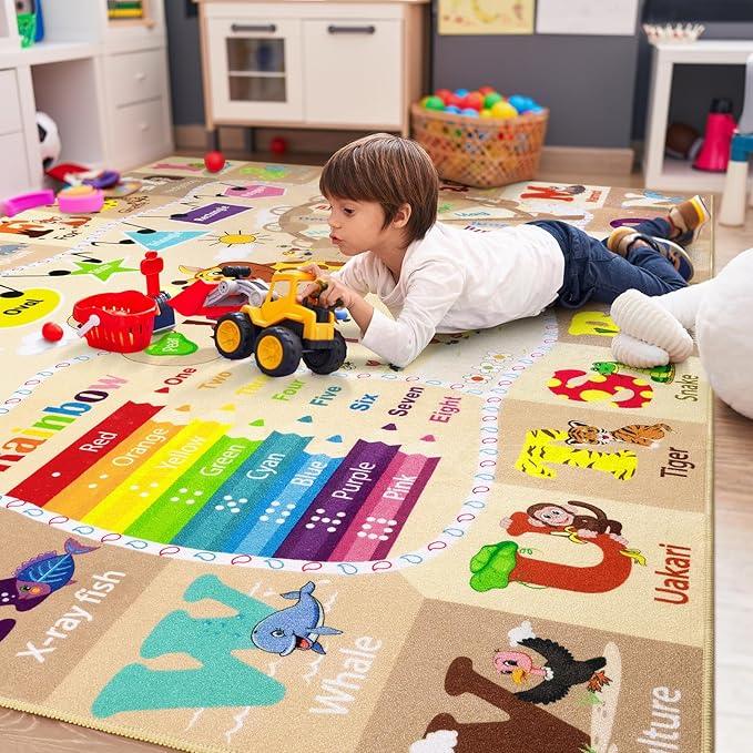 6x9 Playroom Rugs for Kids Washable, Educational and Fun Playmat with ABC Alphabet Animals Shapes Colors, Non-Slip Play Mat Learning Rugs for Baby Toddler Children Game Activity，Beige, Pink