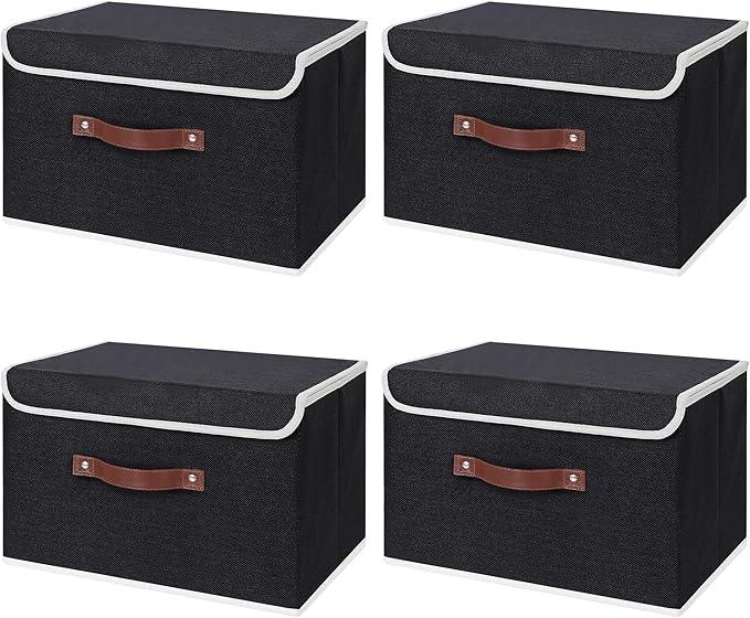 ANMINY 4PCS Storage Bins with Lid PU Leather Handles Storage Boxes PP Plastic Board Decorative Foldable Lidded Cotton Linen Fabric Home Cubes Baskets Closet Organizer Containers - Black, Large Size