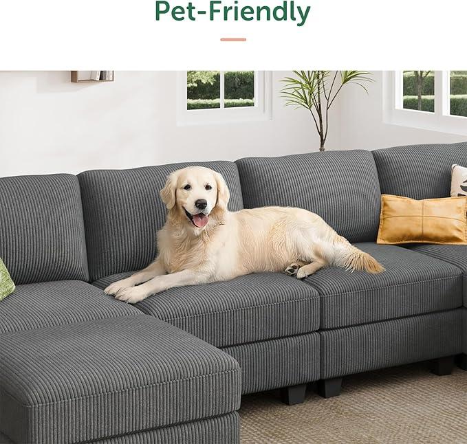 HONBAY Corduroy Sectional Couch with Storage U Shaped Sectional Sofa Modular Sectional Couches for Living Room, Dark Gray