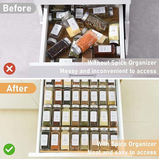 Spice Drawer Organizer with 18 Spice Jars,216 Labels,50 Non-slip Rubber, Bamboo 4 Tier Seasoning Rack Tray Insert for Kitchen Drawers,Cabinets,Countertop,9