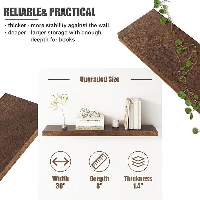 Floating Shelves for Wall, USA-Sourced Walnut Wood 36 Inch Long Wall Shelves Set of 2, Natural Wooden Wall Mounted Picture Ledge Shelf, Nursery Book Storage Shelf Kids Bookshelf, Display Shelf