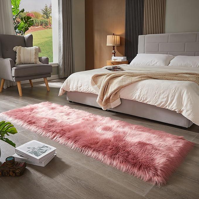 AMTOVO Faux Fur Rug, Blush Pink Ultra Soft Fluffy Shag Sheepskin Rug, 2 x 6 ft Runner Area Rugs for Bedroom Sofa Throw Cushion Room Decor, Rectangle