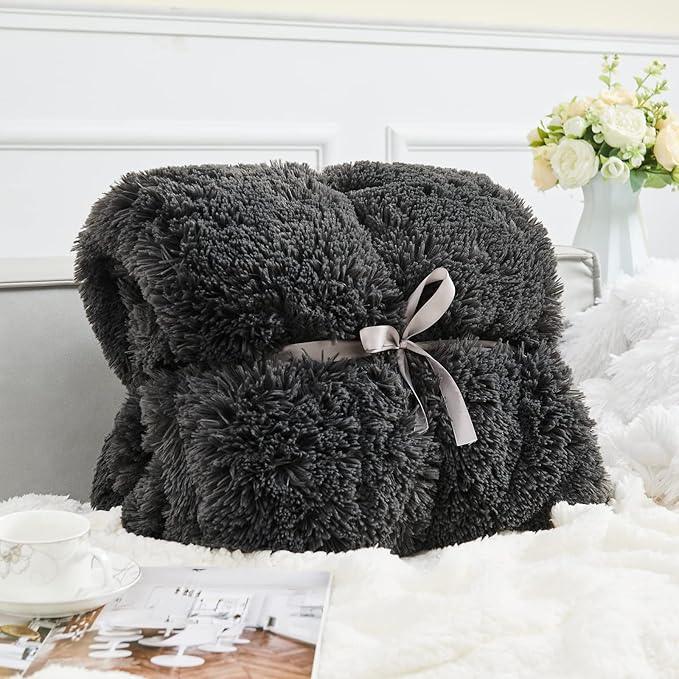GONAAP Fuzzy Faux Fur Throw Blanket Twin Size Dark Grey Super Soft Cozy Plush Fuzzy Shaggy Blanket for Couch Sofa Bed (Dark Grey, Twin(60