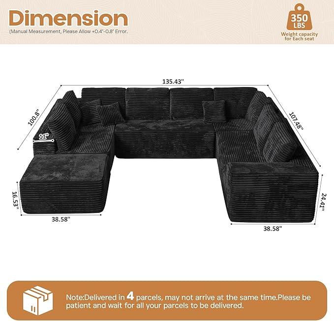 Cloud Sectional Couches for Living Room,U Shaped Modular Sofas No Assembly,135x100 Inches Plush Corduroy Oversized Floor Couch Set with Deep Seat Chaise,Black