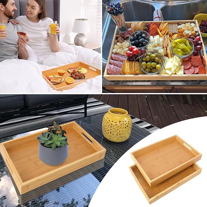 2 Pack Large Bamboo Serving Tray with Handles, 14 x 10 inch Wooden Dinner Tray, Home Kitchen Breakfast Trays for Living Room Bedroom Kitchen Dinner Table, Picnic