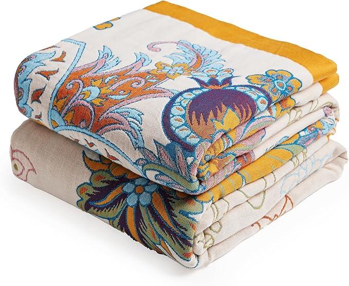 Boho Throw Blanket, 100% Organic Cotton Breathable Ultra Soft Bed Quilt Throw - All Season Floral Bird Butterfly Farmhouse Decor Blanket for Sofa Couch Chair and Gift. 50