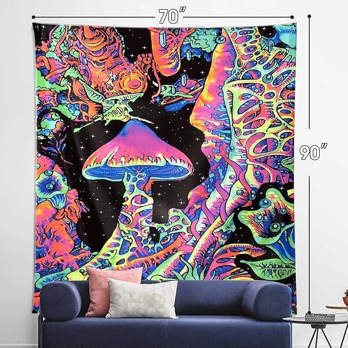 ADDWel Blacklight Mushroom Tapestry, Upright Tapestry Glow In The Dark, UV Reactive Black Light Tapestries Posters Wall Hanging for Backdrop Bedroom Dorm Living Room Decor(70