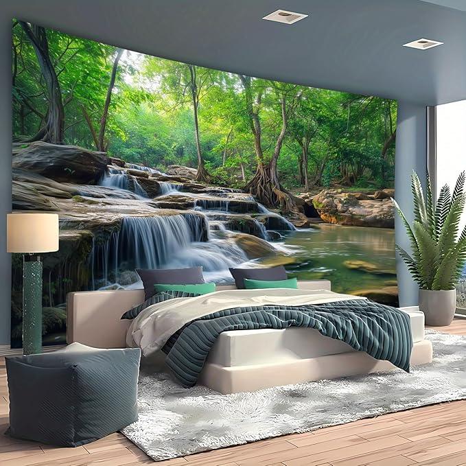 BSFHH Nature Tapestry Forest Tree Sea Cave Wall Hanging, Stream Through Rainforest Landscape Wall Art Tapestry for Bedroom Living room (Creek, 90
