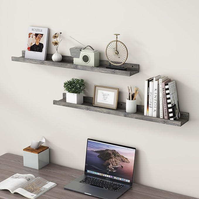 36 Inches Floating Shelves for Wall, Solid Pine Wood Picture Ledge Shelves, Wall Shelves with Lips, Nursery Book Shelves for Toys Storage Living Room Bedroom Photo Frames (2 Pcs, Grey)