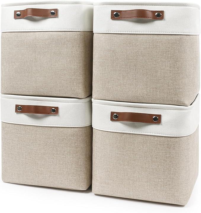 Collapsible Fabric Storage Cubes 11x11 Cube Storage Bins, 4 Pack Closet Baskets Box with Handles for Organizing, Shelf, Toys, Clothes, Home, Office, Nursery (Beige&White)