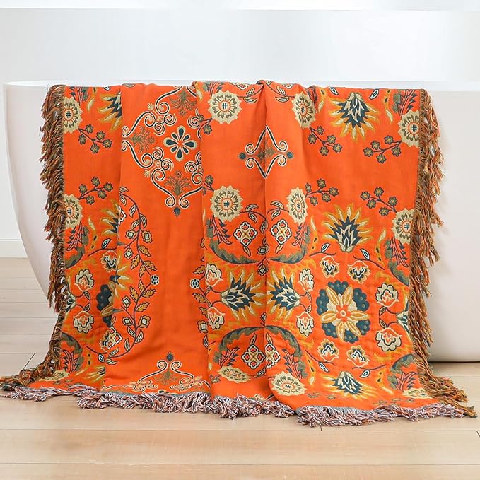 Throw Blanket for Couch Bed Chair,100% Cotton Soft Lightweight Blanket Rustic Quilt -Orange Floral Printed Farmhouse Decor Bed All Season Blankets,90