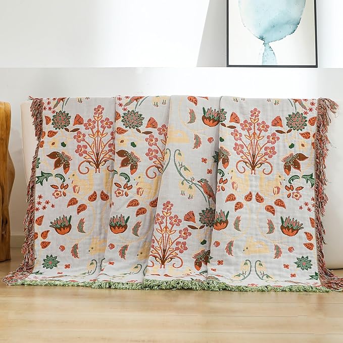 Boho Throw Blanket for Bed, 100% Cotton Ultra Soft Rustic Quilt King Blanket Florals and Animals Printed Farmhouse Decor Large Bed Blankets,90