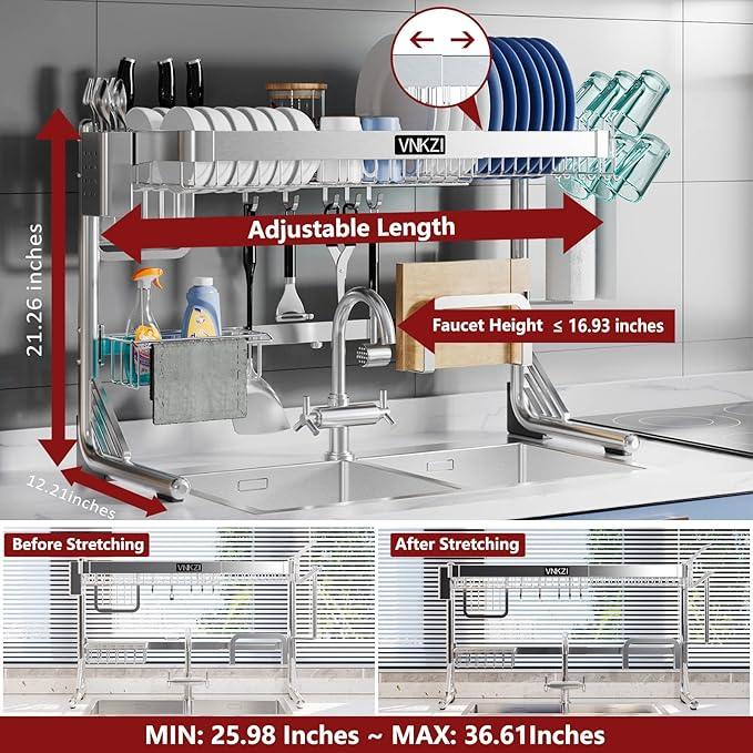 VNKZI Over Sink Dish Drying Rack, 2 Tier Full Stainless Steel Storage Adjustable Length (25.98'' to 36.61'') Kitchen Rack, Multifunctional Expandable Counter Organizer, Space Saver Dish Rack