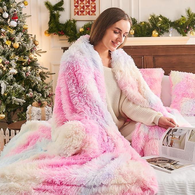 GONAAP Fuzzy Faux Fur Throw Blanket Tie-dye Rainbow Super Soft Cozy Plush Fuzzy Shaggy Blanket for Couch Sofa Bed (Tie-dye Rainbow, Throw(50