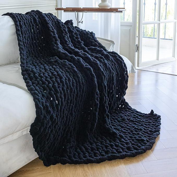 Chunky Knit Blanket - Luxury Soft Cozy 40 * 50 Throw Blanket,100% Woven Blanket Rope Knot Throw Blanket for Couch, Sofa, Home Decor, Gift - Machine Washable（Black）
