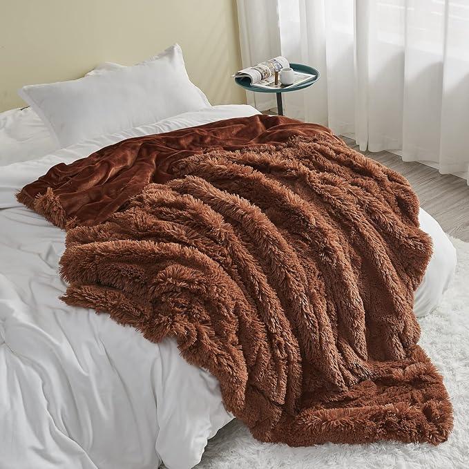 GONAAP Fuzzy Faux Fur Throw Blanket Twin Size Coffee Super Soft Cozy Plush Fuzzy Shaggy Blanket for Couch Sofa Bed (Coffee, Twin(60