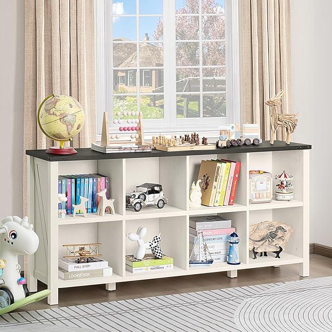 8 Cube Book Shelf, Farmhouse Wood Long Storage Organizer Bookcase, 62