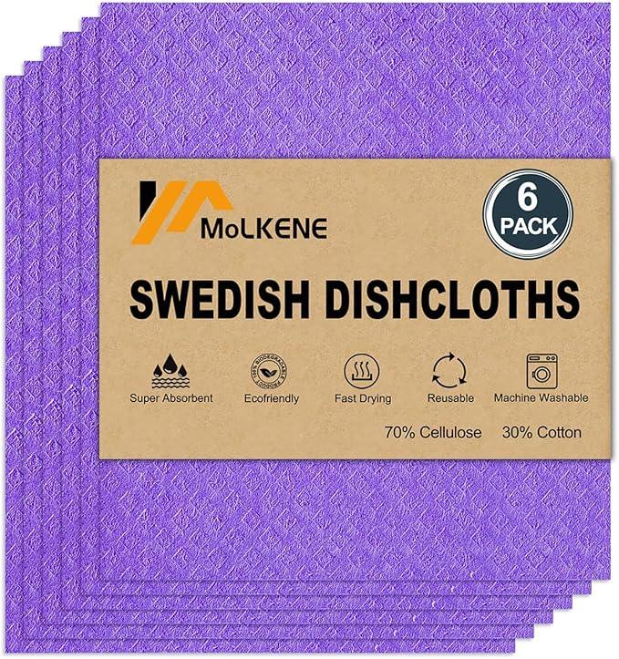 Swedish Dishcloths for Kitchen | 6 Pack Absorbent Cellulose Sponge Cloths Washable | Non-Scratch Reusable Paper Towels Quick Drying Cleaning Cloths - Purple