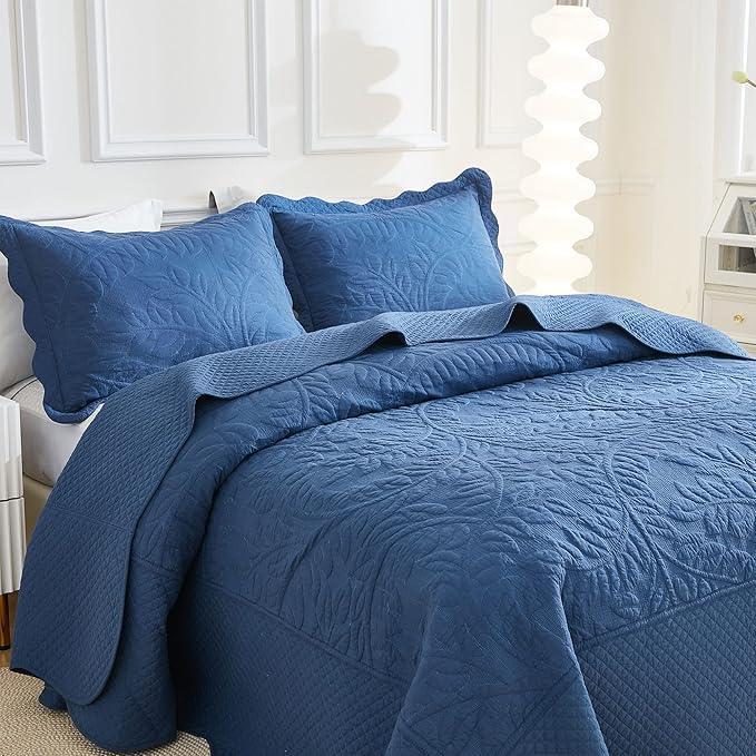 MarCielo 3-Piece 100% Cotton Oversized Bedspread Lightweight Quilt Coverlet Embroidery Farmhouse Bedding Set T0 (Midtone Blue, Oversized Queen (100