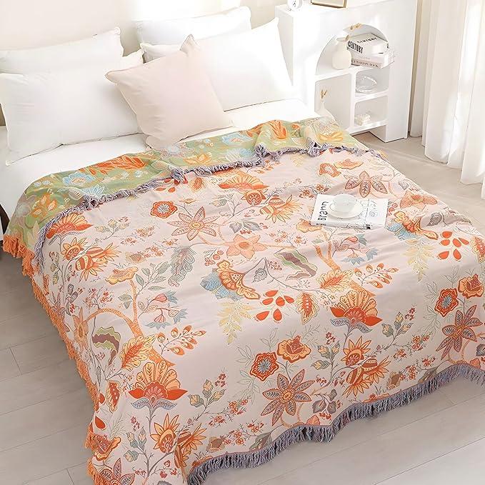 Boho Throw Blanket for Bed - 100% Pure Cotton Ultra Soft Rustic Quilt - Farmhouse Decor Bed Blankets, All Season Rustic Throw for Sofa Couch Chair(91''x 98'', Floral)