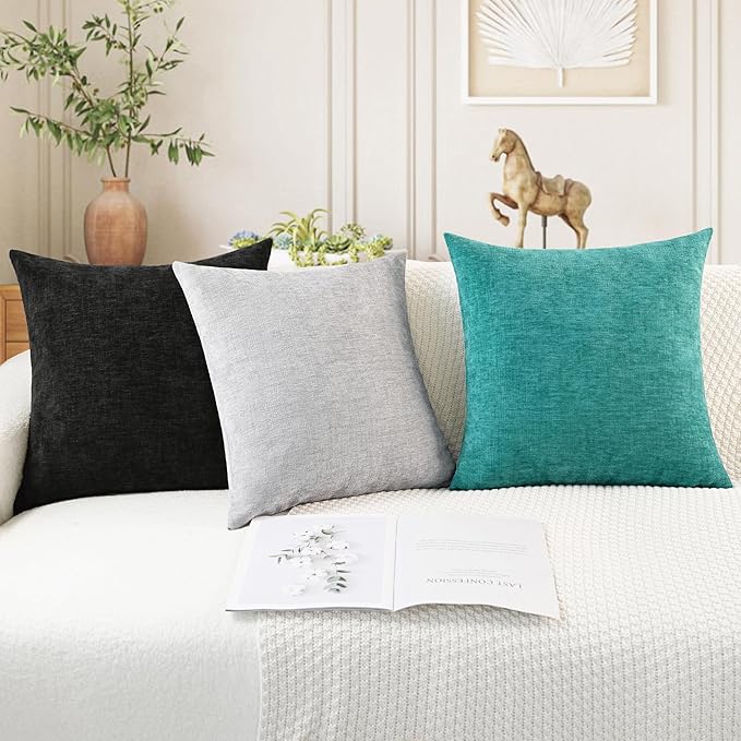CaliTime Throw Pillow Covers Decorative 16 X 26 Inches Pack of 2 Cozy Chenille Cushion Cases for Couch Sofa Bed Living Room Home Black