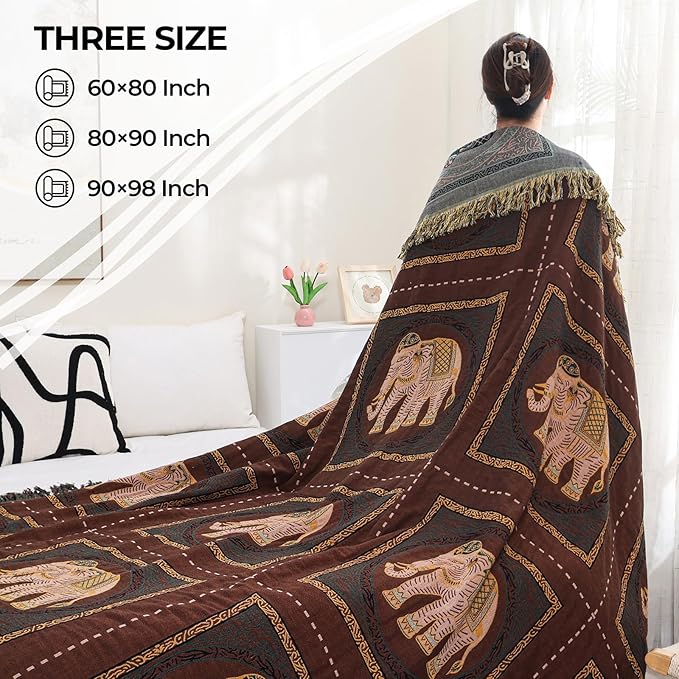 Boho Throw Blanket for Bed with Tassels,100% Cotton Ultra Soft and Cozy Large Blanket Elephant Printed Farmhouse Decor Bed Blankets,80