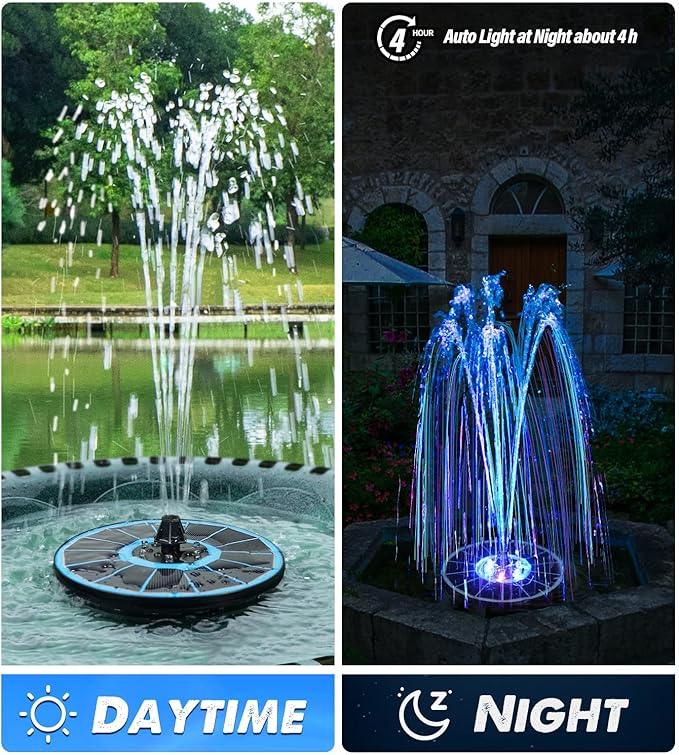 Solar Fountain Glass Panel with 2200 mah Battery, 3.5W Floating Solar Water Fountain with 4 Fixed Rods, Solar Fountain Pump for Bird Bath, Garden, Pond, Pool, Outdoor-Colorful Lights