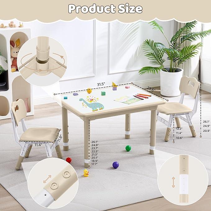 Kids Table and 2 Chairs Set, Height Adjustable (17.7