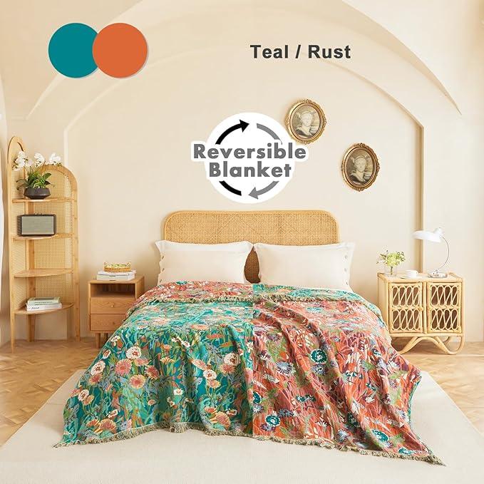 MSGKV Boho Throw Blanket for Bed Twin Size Cotton Muslin Breathable Floral Blanket 60