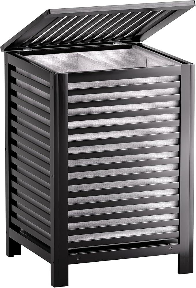 SMIBUY Double Laundry Hamper with Lid, 120L Bamboo Laundry Basket with Removable Liner Bag, 2-Section Clothes Divider Laundry Sorter for Laundry Room, Bathroom, Bedroom (Black)