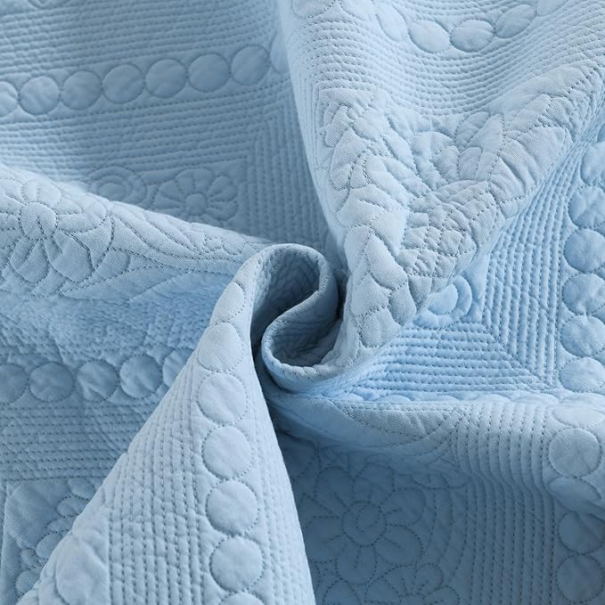 MarCielo 3-Piece 100% Cotton Oversized Bedspread Lightweight Quilt Coverlet Embroidery Farmhouse Bedding Set (TK Light Blue, Oversized King (118