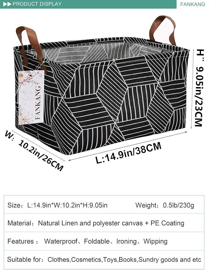 FANKANG Storage Basket,Nursery Hamper Canvas Laundry Basket Foldable with Waterproof PE Coating Storage, Office, Bedroom, Clothes,Toys (Rec-Black Cube)