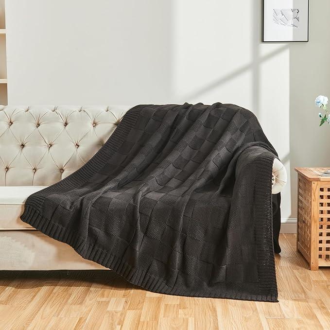 CozeCube Check Knit Throw Blanket, Jet Black Checkered Throw for Couch, Decorative Christmas Soft Cozy Warm Knitted Blanket for Bed Sofa Living Room, 60
