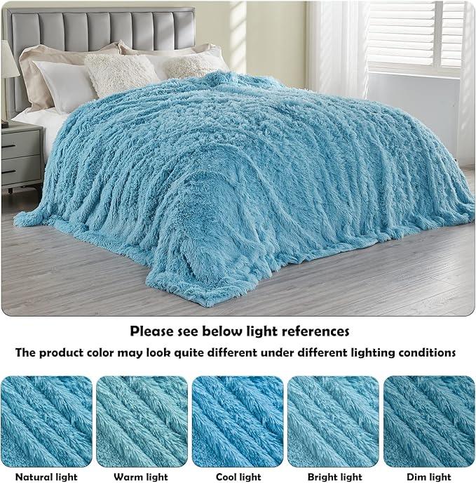 GONAAP Fuzzy Faux Fur Throw Blanket Queen Size Sky Blue Super Soft Cozy Plush Fuzzy Shaggy Blanket for Couch Sofa Bed (Sky Blue, Queen(90