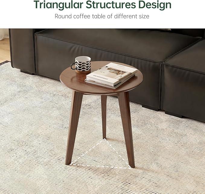 100% Solid Oak Round Side Table Set of 2, Small Bedside Table for Small Spaces, Living Room End Table with Stable Frame, Modern Nightstand for Bedroom Couch(Walnut, 17.71