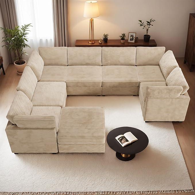 HOOOWOOO Modular Sectional Sofa,8 Pieces Sectional Couches for Living Room,131X98 G Shaped Cloud Couch with Ottoman Chaise Set(Beige Velvet Corduroy)