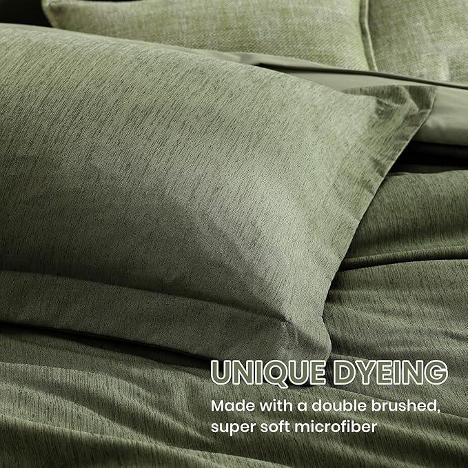 Monbix California King Comforter Set - 7 Pieces Cationic Dyeing Olive Green Bed in a Bag Cal King Bedding Sets with Comforter, Sheets, Pillowcases & Shams, Reversible Bedding Comforters Sets(108 * 92)
