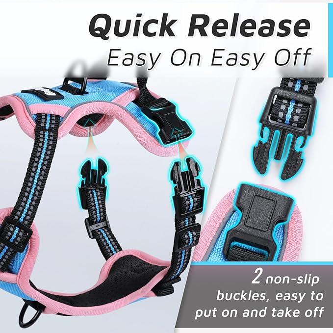 Eagloo Dog Harness for Large Dogs, No Pull Service Vest with Reflective Strips and Control Handle, Adjustable and Comfortable for Walking, No Choke Pet Harness with 2 Metal Rings, Pink & Blue, XL