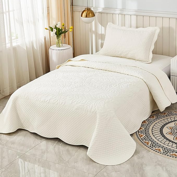 MarCielo 3-Piece 100% Cotton Oversized Bedspread Lightweight Quilt Coverlet Embroidery Farmhouse Bedding Set T0 (Bright White, Twin (68