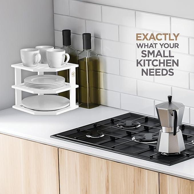 Cabinet Organizer Shelf - Bamboo Corner Rack for Kitchen Counter, Cabinet Space Saver for Plates, Dishes, Bowls, Bread Pantry, Bathroom Storage or Countertop Stand, White