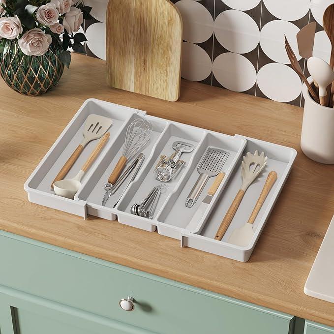 Lifewit Utensil Organizer for Kitchen Drawers, Expandable from 13‘’ to 22.4'', 15'' Depth, Plastic Cutlery Silverware Flatware Holder, Spatula Tools and Gadgets Storage, Large, White