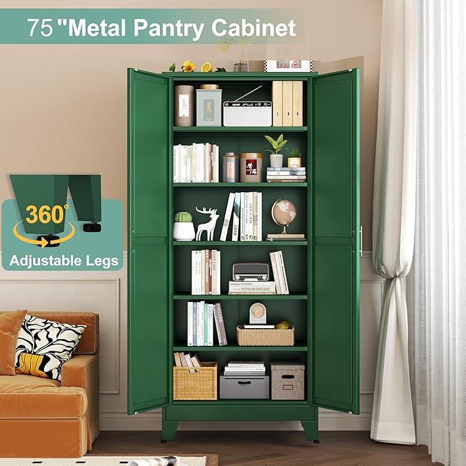Metal Pantry Cabinet with 2 Doors and 5 Adjustable Shelves, 75