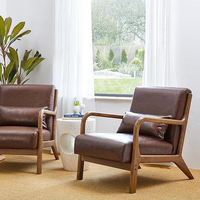 Glitzhome 2 Set Mid Century Coffee Accent Armchair, Single Reading Armchair PU Leather Lounge Chair with Walnut Ruberwood Frame