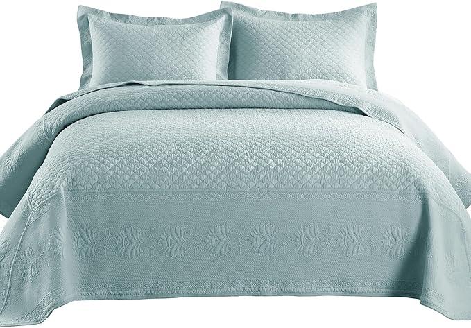 MarCielo 3-Piece 100% Cotton Oversized Bedspread Lightweight Quilt Coverlet Embroidery Farmhouse Bedding Set (TM Mint Green, Oversized King (118
