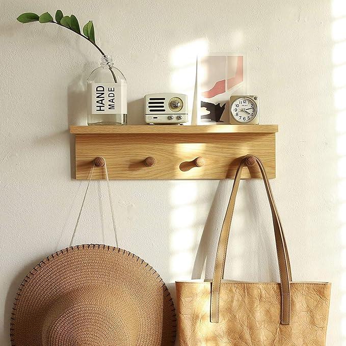 Entrance Coat Rack ，Coat Hooks, Wall-Mounted Wooden Hook Rack, Wall-Mounted Shelves are Very Suitable (Oak Colored Finish-1)