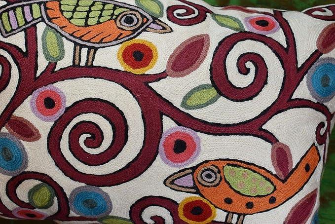 Lumbar Klimt Modern Pillow Cover | Cream, Multicolor Tree of Life, Birds, Floral Suzani Floral Pattern | 14