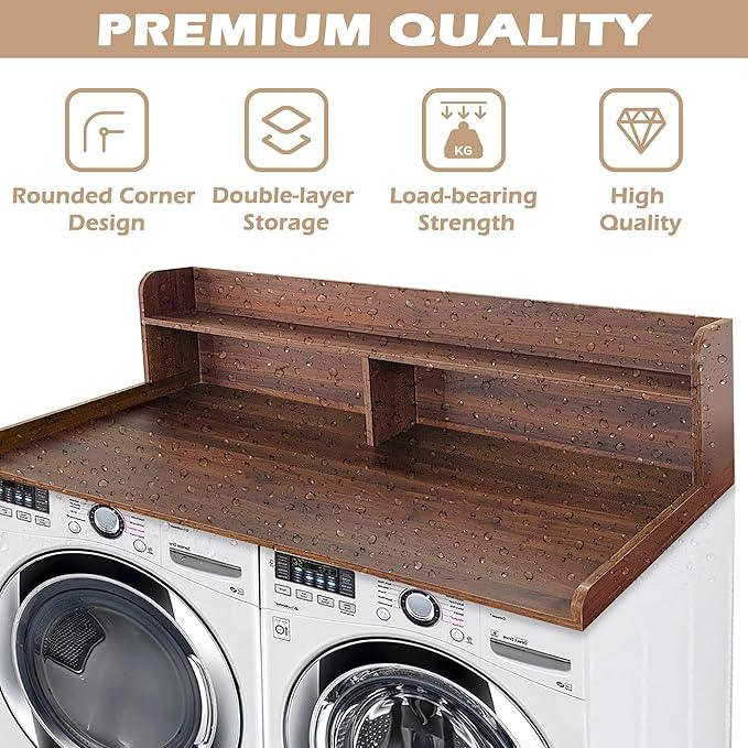 Royxen Laundry Countertop with 2-Tier Shelf Universal Fit, Washer and Dryer Countertop with Storage Space, Shelf Height 11.5 Inches, Walnut Color
