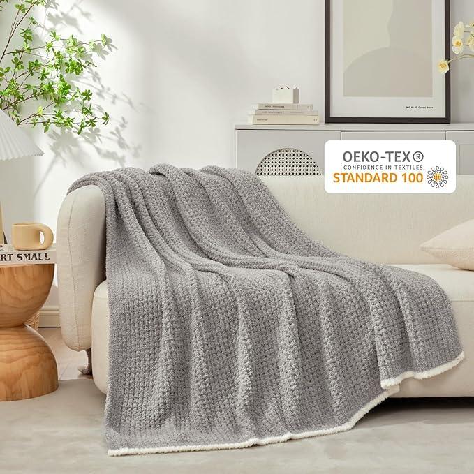 Snuggle Sac Soft Waffle Blanket, Grey Bedding Blankets Queen Size 90x90 inches, Reversible Microfiber Fluffy Fuzzy Grey Blanket Cozy Knit Blanket for Women Mothers Birthday Gifts