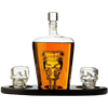 Skull King Skeleton Wine & Whiskey Globe Decanter Set 750 mL With 2 Skull Head 3oz Skeletons Shot Glasses + Mahogany Wooden Base Decor Glass, Goth Spooky Drinking Glassware The Wine Savant